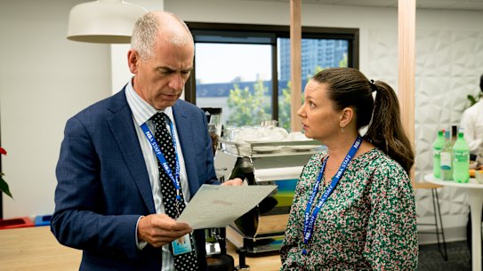 Tony (Rob Sitch) and Katie (Emma-Louise Wilson) in series five of Utopia.