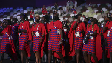 Team Kenya walk into the Olympic Stadium.