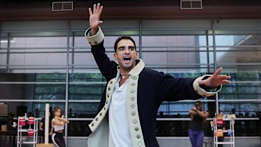 Lyndon Watts, who plays Aaron Burr, during rehearsals for Hamilton. 
