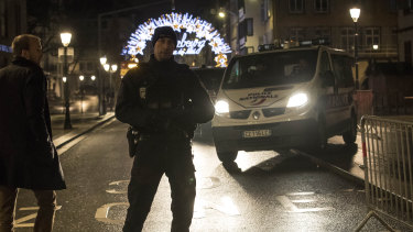Emergency services patrol at the centre of the city of Strasbourg following a shooting, eastern France.