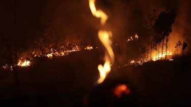 A fire burns in highway margins in the city of Porto Velho, Rondonia state, part of Brazil's Amazon.
