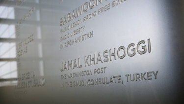 The name of Washington Post columnist Jamal Khashoggi, who was killed inside the Saudi Consulate in Istanbul, is etched in the Newseum's Journalists Memorial in Washington. It represents all journalists who lost their lives around the world in 2018. 