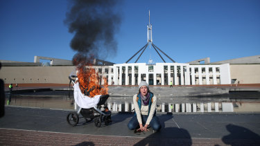 Extinction Rebellion protest at Parliament House in Canberra on Tuesday, following the release of the United Nationsâ Intergovernmental Panel on Climate Change report on Monday. 