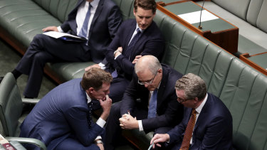 Attorney-General Christian Porter, chairman of the intelligence committee Andrew Hastie, Prime Minister Scott Morrison and Defence Minister Christopher Pyne in the House of Representatives on Thursday.