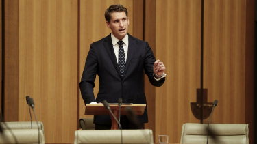 Liberal MP Andrew Hastie speaks in the Federation Chamber at Parliament House.