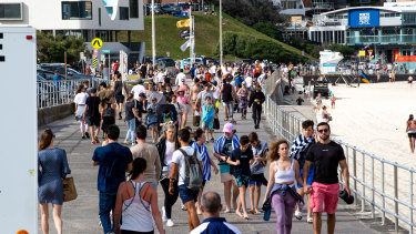 People enjoying the warm weather at Bondi Beach on Sunday.