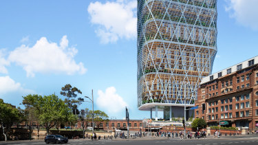 A render of Atlassian’s new headquarters in Sydney, touted as a paragon of climate-friendly architecture.