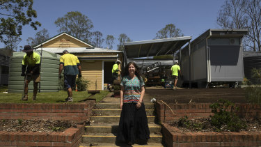 Deputy principal of Bobin Public School Sarah Parker during the rebuilding of the school in January. The school was completely destroyed in a firestorm in November last year.
