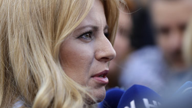 Zuzana Caputova speaks after casting her vote at a polling station in Pezinok, Slovakia, on Saturday. A pro-European lawyer, she will become the country's first female president.