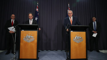 Chief Medical Officer Professor Paul Kelly, Health Minister Greg Hunt, Prime Minister Scott Morrison and Health Department secretary Professor Brendan Murphy announced the new advice on Thursday night.