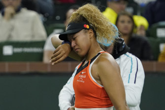 Naomi Osaka, of Japan, reacts to a comment from a spectator at Indian Wells.