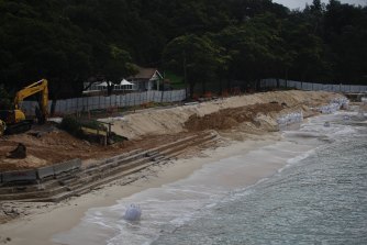 Works to replace the seawall at Shark Beach, Vaucluse, began in March 2022 but have been dogged by relentless rain.