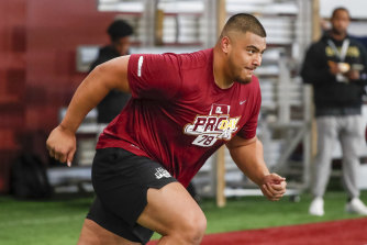 Australia’s Daniel Faalele in action at Minnesota’s pro day in March this year.