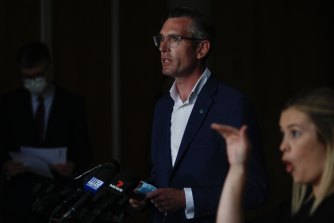 NSW Premier Dominic Perrottet delivering his press conference at Nepean Hospital on Sunday. 