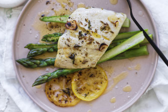 Grilled blue-eye fillets with lemon, fennel seeds and thyme. 