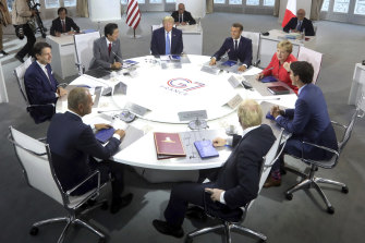 G7 leaders at a working session on World Economy and Trade.