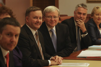 Kevin Rudd and Anthony Albanese, second from left, with Mark Butler, left, and Alan Griffin and Jenny Macklin, right, during a ministry meeting in July 2013.
