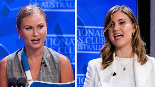 Grace Tame and Brittany Higgins make an address at the National Press Club.