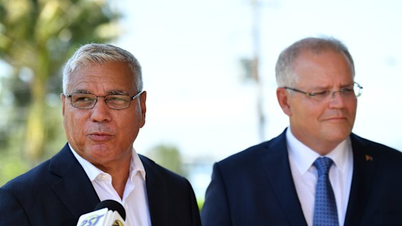 Liberal candidate for Gilmore Warren Mundine with Prime Minister Scott Morrison in Nowra on Wednesday.