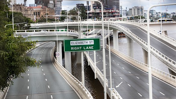 No cars visible on the Riverside Expressway in Brisbane’s CBD during Brisbane three-day lockdown.