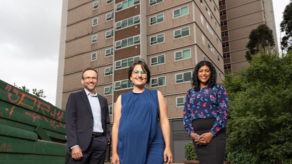 Federal Greens leader Adam Bandt, with Yarra Council Greens councillor Gabrielle di Vietri and Victorian Greens leader Samantha Ratnam.