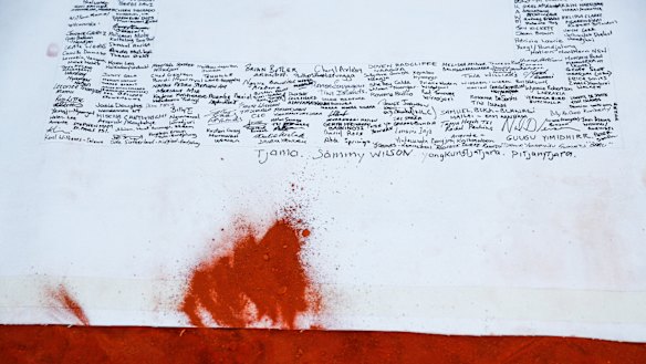 The canvas where the Uluru Statement from the Heart was painted on, during the closing ceremony on May 2017.