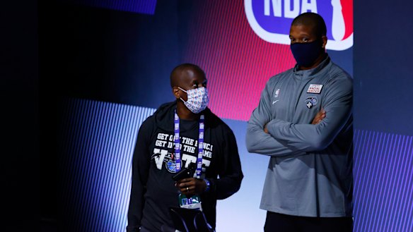 Orlando Magic assistant coach Mike Batiste looks on before game five.