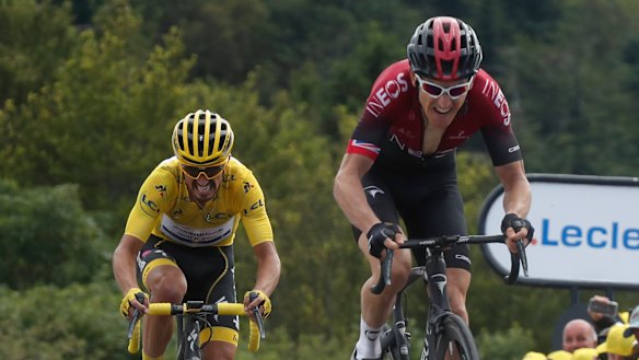 Grunt: Geraint Thomas powers away from leader Julian Alaphilippe in the stage six finale.
