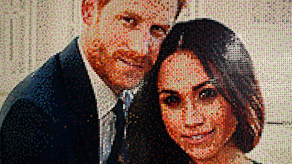 An image made from Lego depicting Prince Harry and Meghan, the Duchess of Sussex, by the train station in Windsor, England.