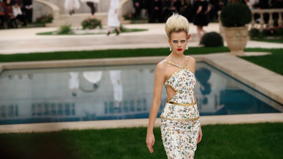 A model wears a creation for the Chanel Spring/Summer 2019 Haute Couture fashion collection presented in Paris on Tuesday January 22, 2019. 