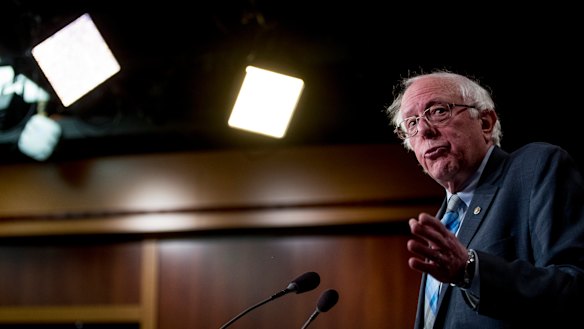 Senator Bernie Sanders speaks at a news conference on Capitol Hill in Washington.