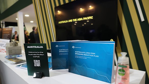 Australia’s pavilion, featuring copies of Australia’s Long-Term Emissions Reduction Plan.