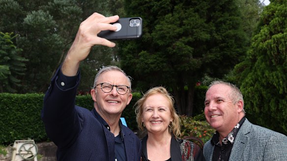 Labor leader Anthony Albanese in Wyong takes a selfie for Coast Community Connections President Sharon Brownlee and CEO Bruce Davis. during the Dobell campaign launch at Alison Homestead. Coast Community Connections provides Aged Care and Childcare in the area with more than 100 employees.