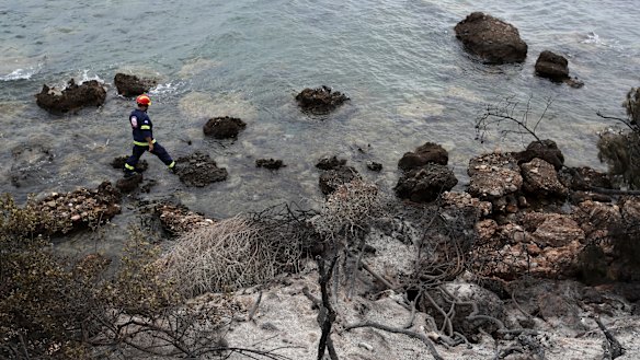Rescuers search for people in the water along the coastline in Mati, Greece.