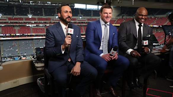Primed: Joe Tessitore, Jason Witton and Anthony 'Booger' McFarland will call the Super Bowl on ESPN for Australian viewers.