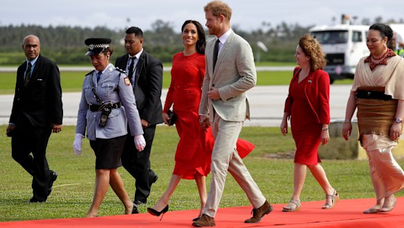 Britain's Prince Harry and Meghan, Duchess of Sussex arrive in Nuku'alofa,Tonga.
