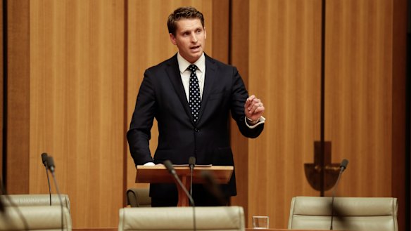 Liberal MP Andrew Hastie speaks in the Federation Chamber at Parliament House.
