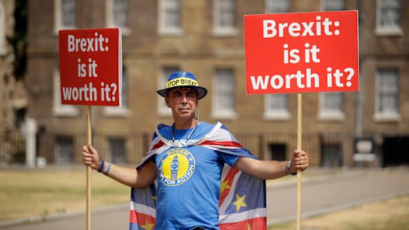 Anti-Brexit activist Steve Bray protests across the road from British Parliament.