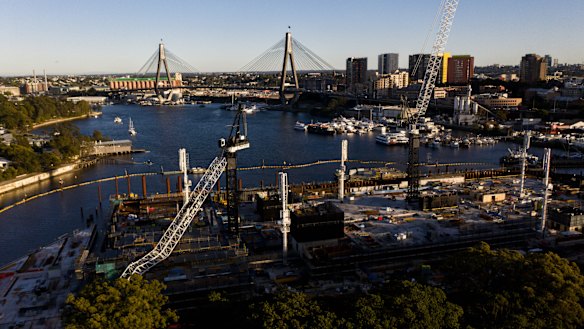 A collapsed crane on the Sydney Fish Market construction site in 2023 set back the building timetable.