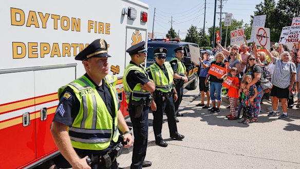 Police on the street outside the hospital in Ohio as Donald Trump visits. 