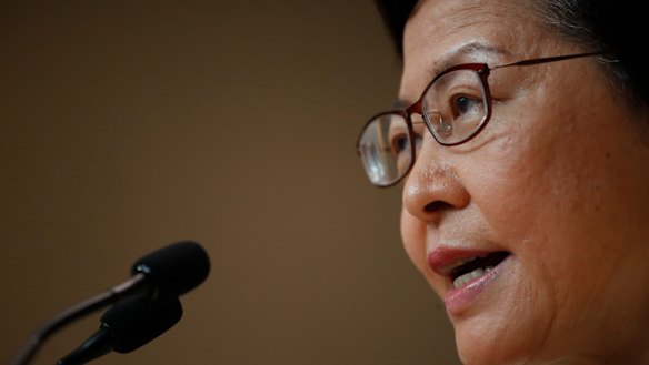Hong Kong Chief Executive Carrie Lam reacts during a press conference in Hong Kong. 