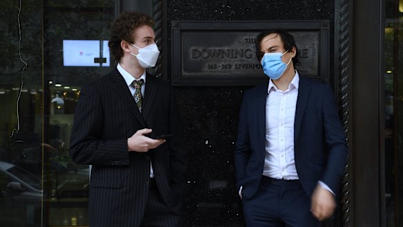 Jordan Shanks (right) and Kristo Langker outside Downing Centre Local Court on Wednesday.