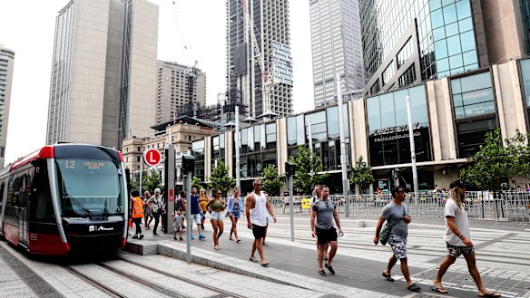 Sydney's new CBD light rail pulls up at Circular Quay.