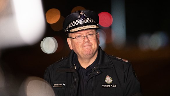 Chief commissioner Graham Ashton speaks to the media at the scene of a crash that killed four police officers.