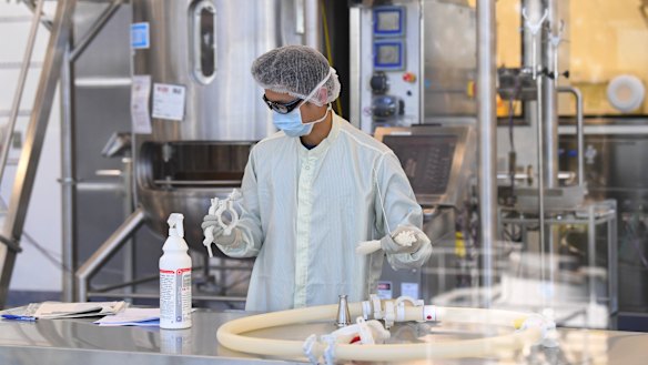 Scientists at work inside of the CSL Biotech facility in Melbourne. The first lot of vaccines from the facility will be delivered ahead of schedule, Health Minister Greg Hunt said.