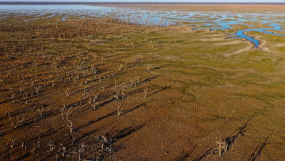 Lake Pamamaroo, in the Menindee Lakes system in Far Western NSW. The dried-out water bodies will receive their first inflows since January 2017. 
