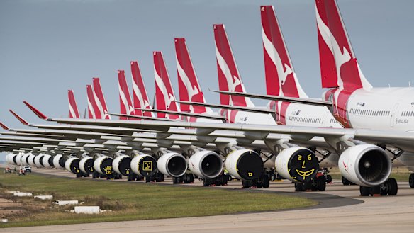 Qantas and Jetstar planes grounded at Avalon Airport, with engine covers secured with yellow tape.