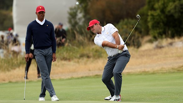 Tiger Woods and Patrick Reed at Royal Melbourne on Tuesday.