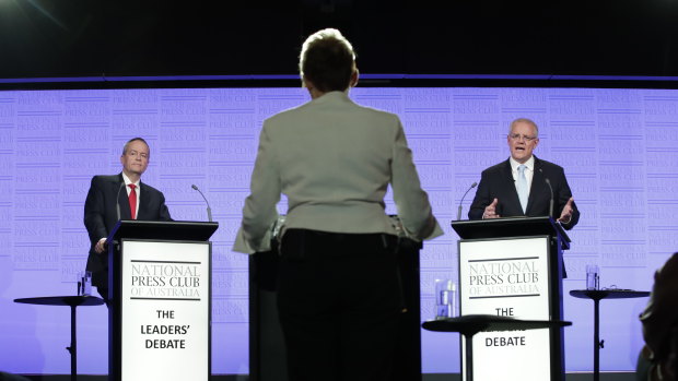 Opposition Leader Bill Shorten and Prime Minister Scott Morrison during the National Press Club debate. 