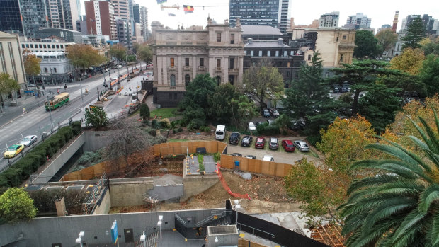 One of the City Loop safety upgrade sites, next to Parliament House, sits dormant on Monday.